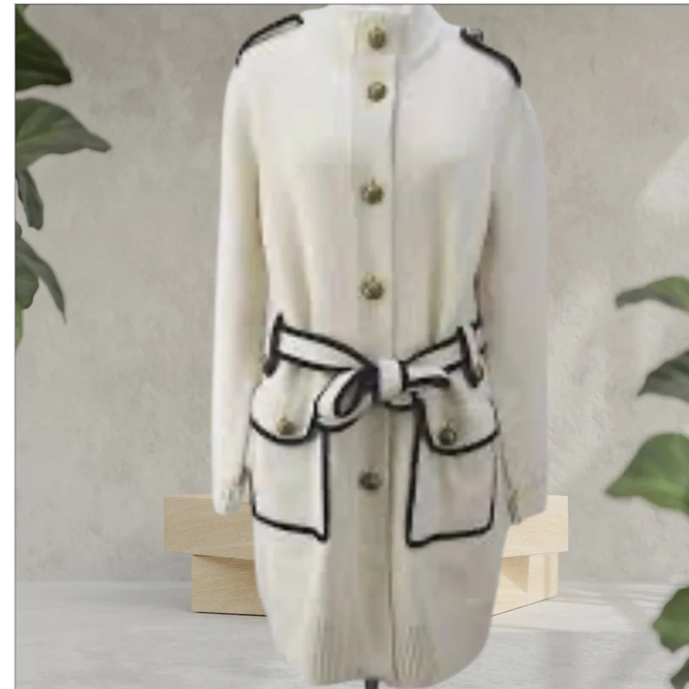 Tory Burch Cream Navy Knit Military Duster Cardigan Gold Buttons Size 4